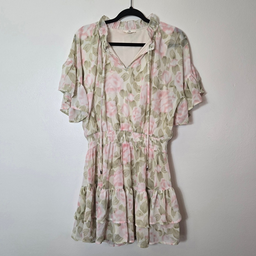 Entro Floral Smocked Waist Ruffle Tiered Mini Dress Pink Green Cream L D17685